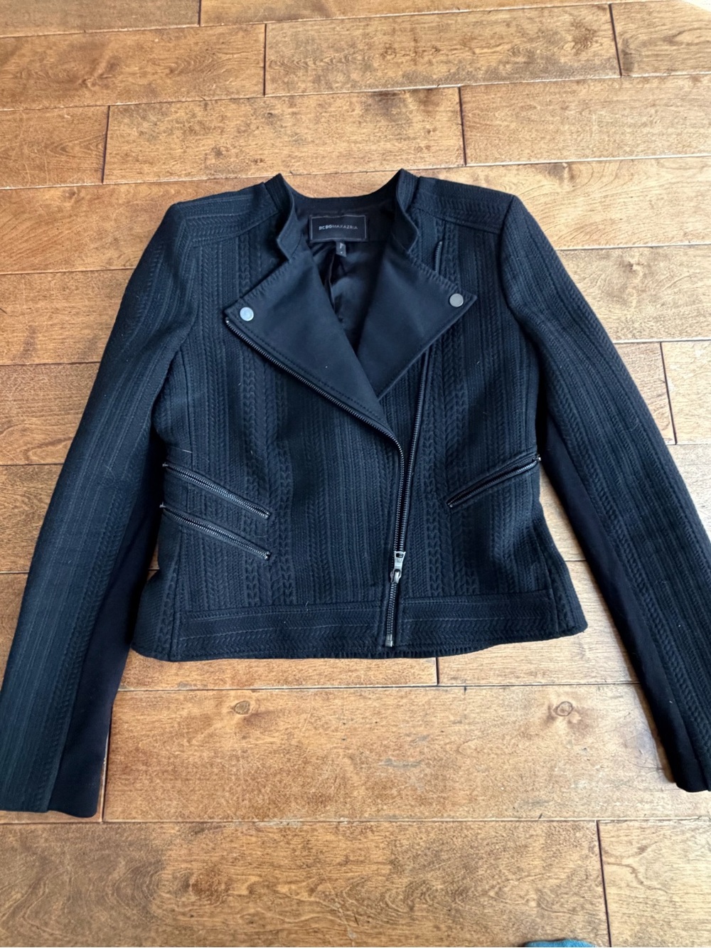 BCBGMaxAzria Black Textured Asymmetrical Moto Blazer Jacket